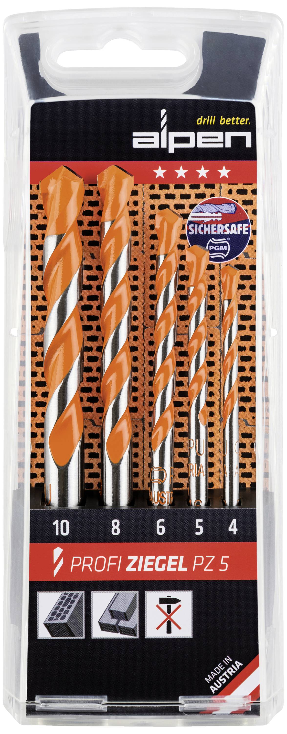 Alpen 200705100 Brickwork drill bit set 5-piece 4 mm, 5 mm, 6 mm, 8 mm, 10 mm Cylinder shank 1 Set