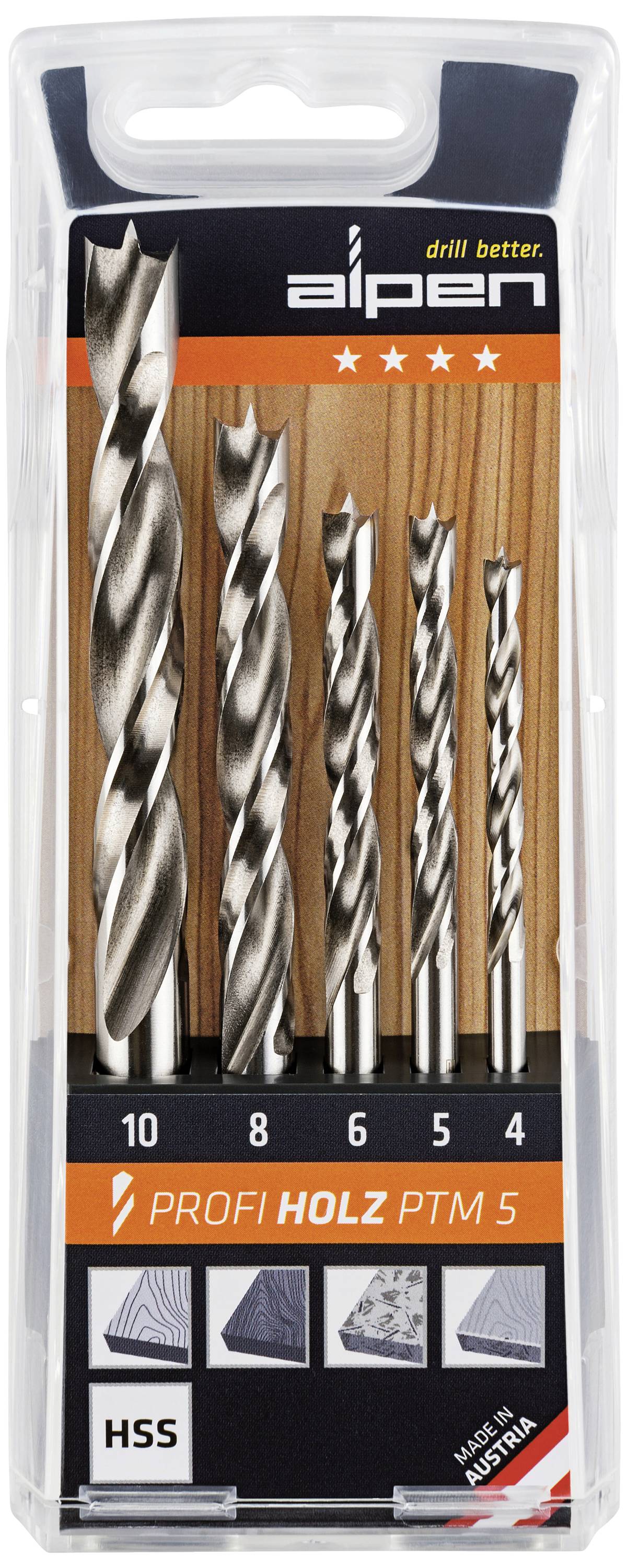 Set of five HSS drill bits in various sizes (10, 8, 6, 5, 4 mm) for wood. Packaging shows Alpen brand. Made in Austria.