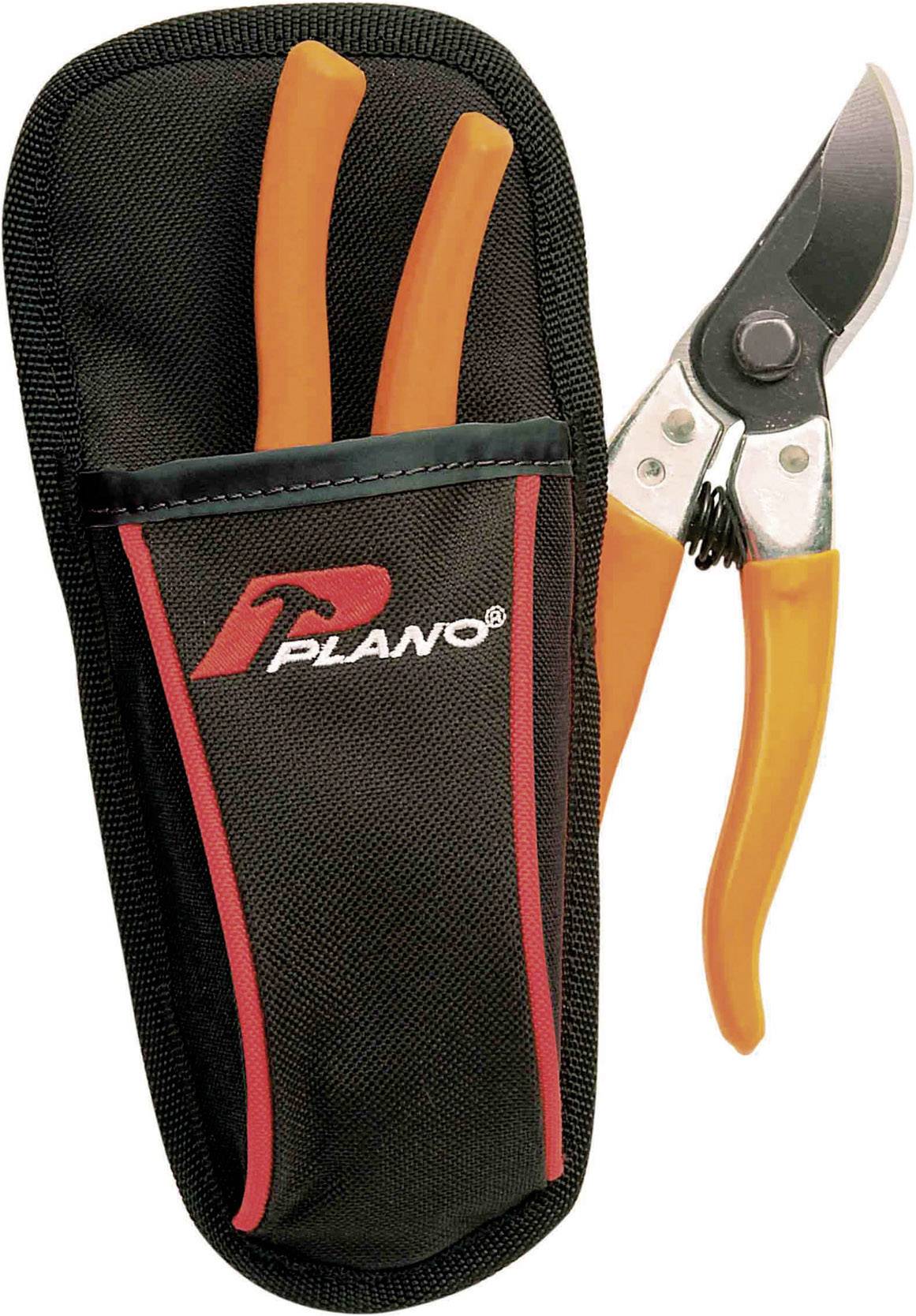 An orange garden secateurs beside a black bag with a red 'PLANO' logo.