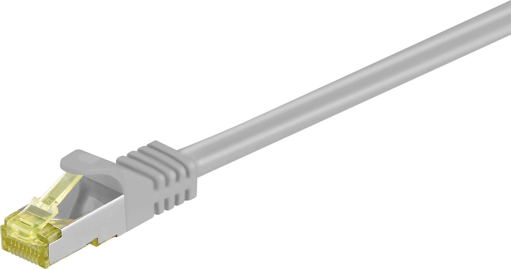 A grey Ethernet cable with RJ45 connector on a white background.