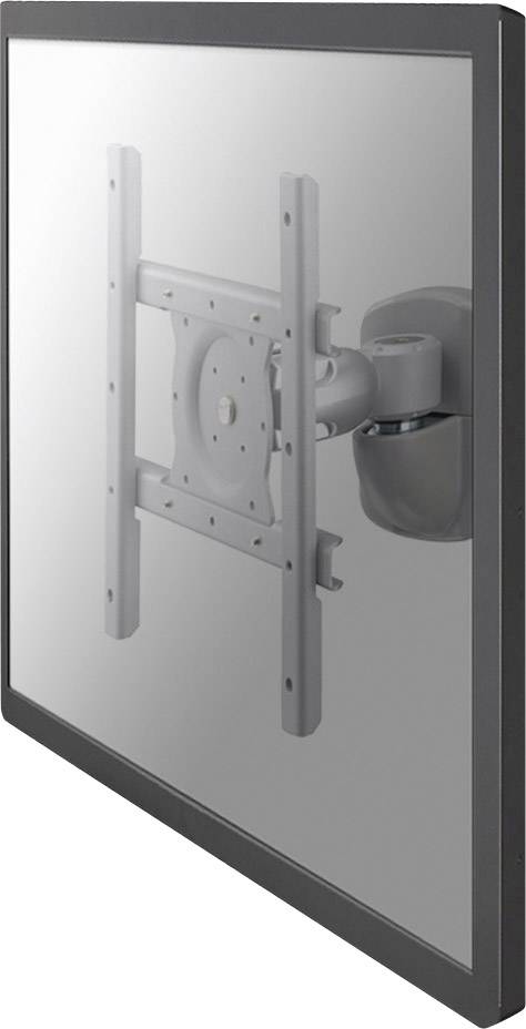 Wall-mounted monitor bracket, side view with adjustable arm and mounting fixtures, prepared for screen installation.