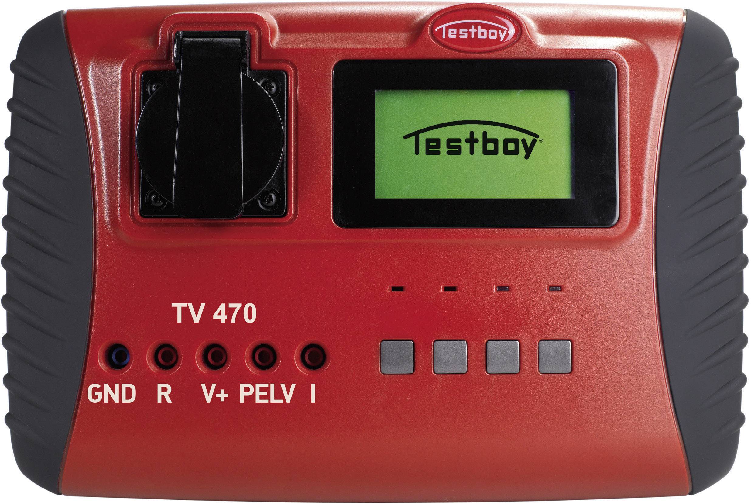 Red test device with a screen, black connection port and multiple buttons. 'Testboy' label and additional connection details.