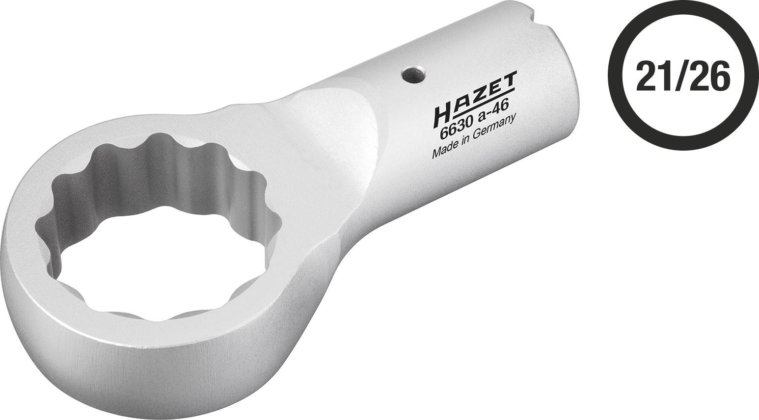 A silver ratchet spanner with the inscription 'HAZET 6630-46, Made in Germany', alongside the size '21/26' in a circle.