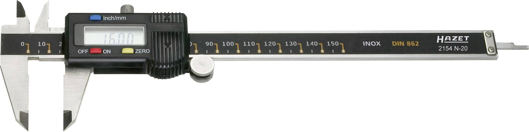 Digital vernier caliper with black display and scale, showing 15.00 mm. 'Hazet' brand name visible on the scale.