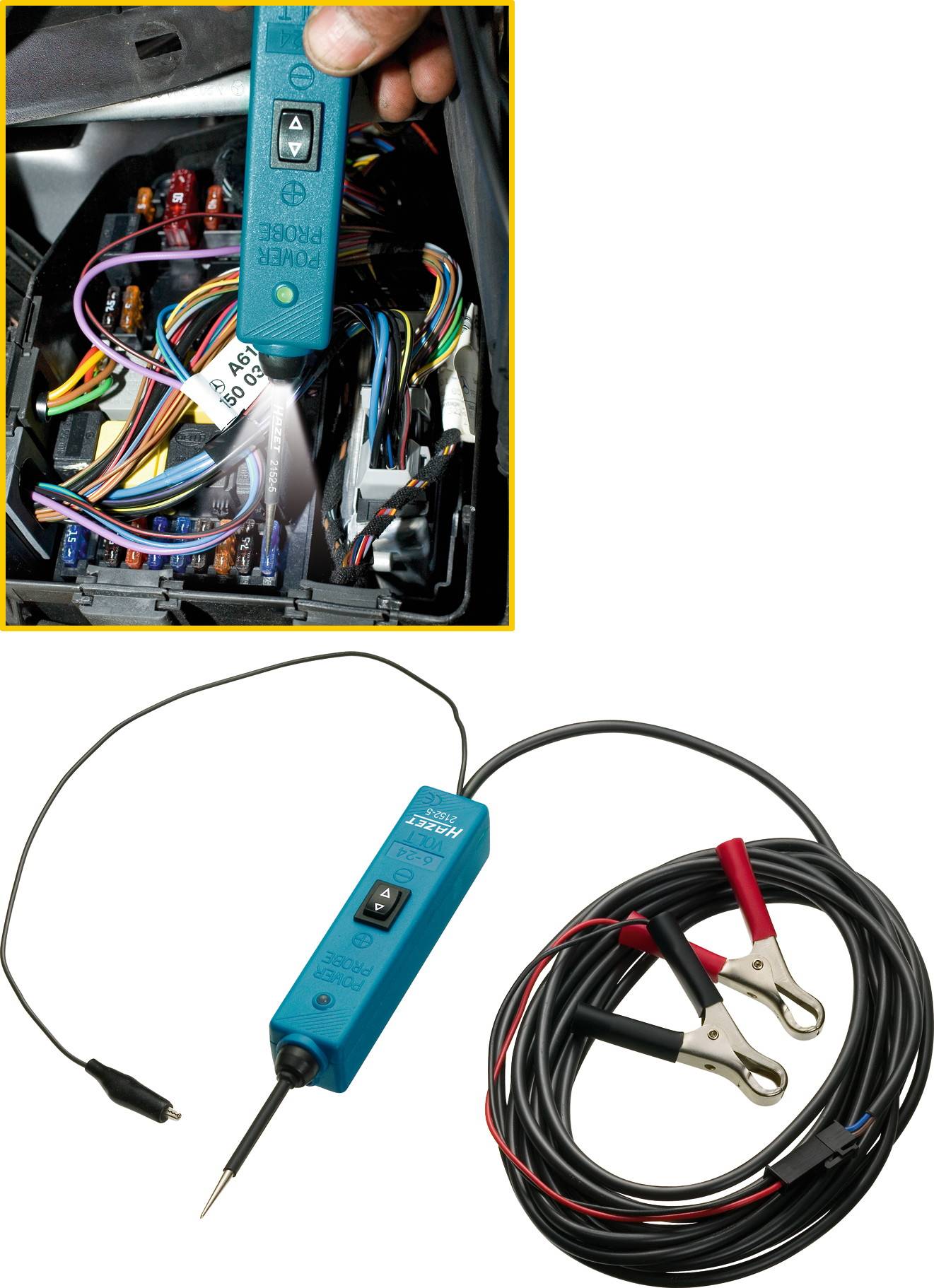 A hand holds an electrical testing device over a fuse in a fuse box. Beneath it lies the testing device with cables and clips.