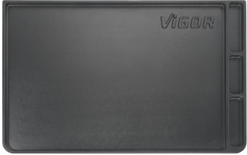 A rectangular, grey work mat. The 'VIGOR' logo is embossed in the top right corner. Three narrow storage compartments are located on the right side.