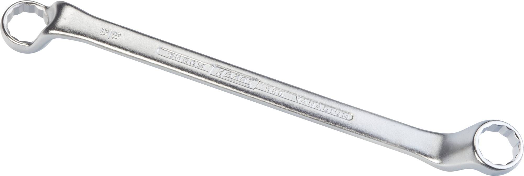 A silver ring spanner with two differently sized hexagonal heads, used for tightening or loosening screws.