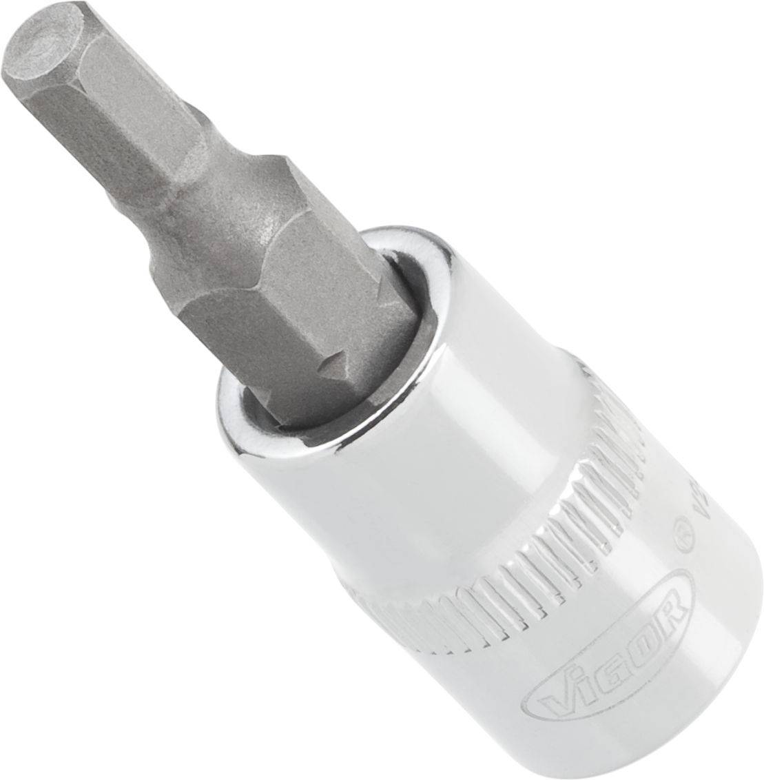 A hexagonal bit adapter with a silver housing, marked with 'Vigor', for securing in a socket wrench or screwdriver.
