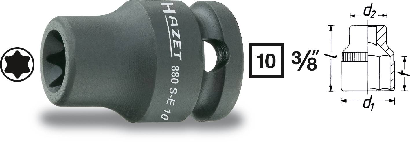 Figure of a Hazet 880 S-E 10 socket wrench, 3/8 inch size, with technical drawings of dimensions d1 and d2 in millimetres.