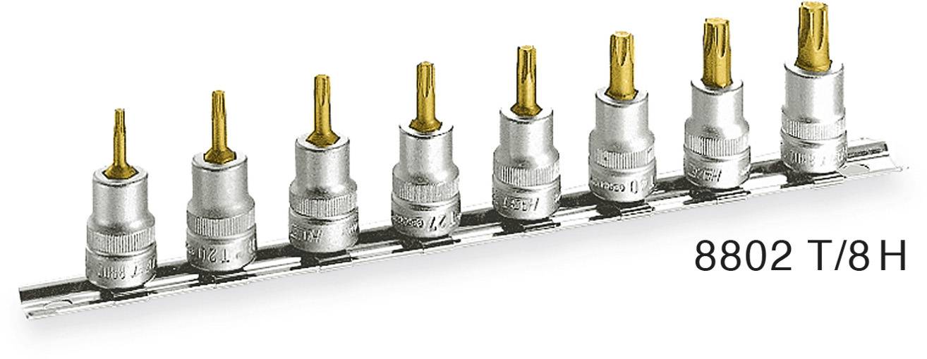 Eight Torx screwdriver bits in various sizes, arranged on a holder marked '8802 T/8 H'.
