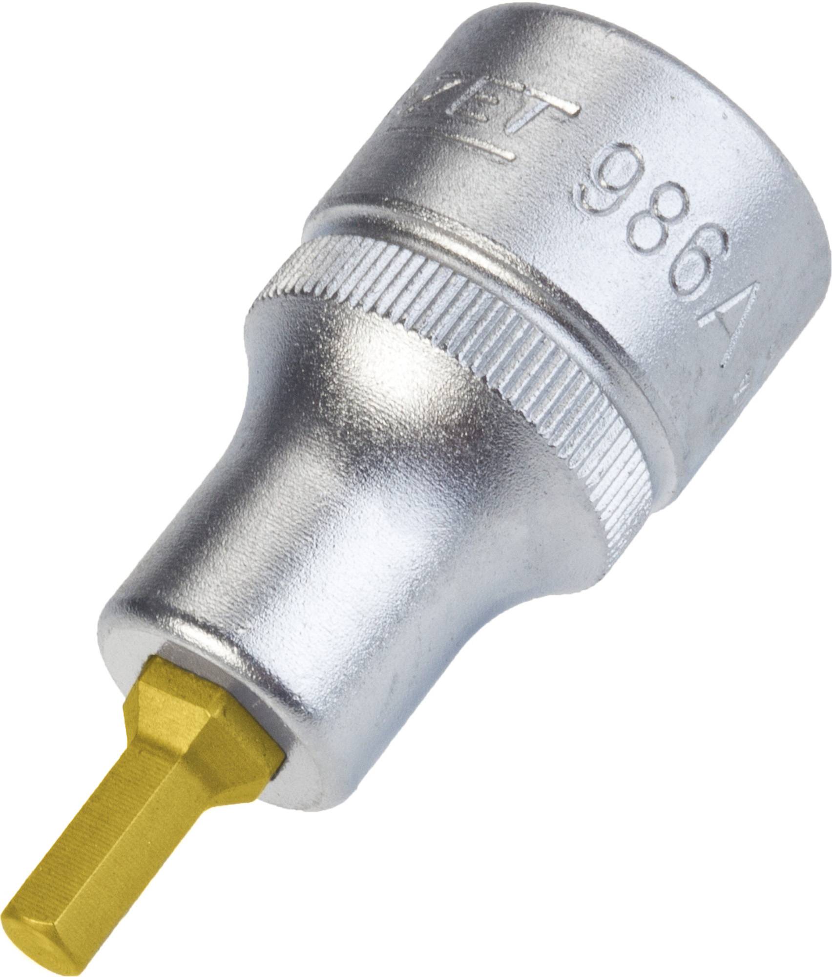 A metallic hexagonal socket wrench, cylindrical with a knurled handle and yellow tip, presumably used for tightening screws.