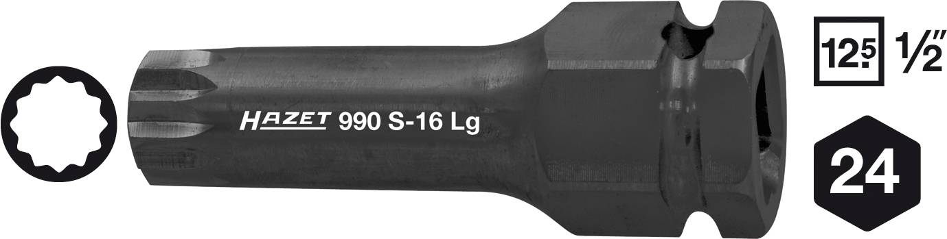 Black anodised Hazet 990 S-16 Lg power socket with multi-tooth profile, 1/2 inch size, suitable for 24 mm nuts.
