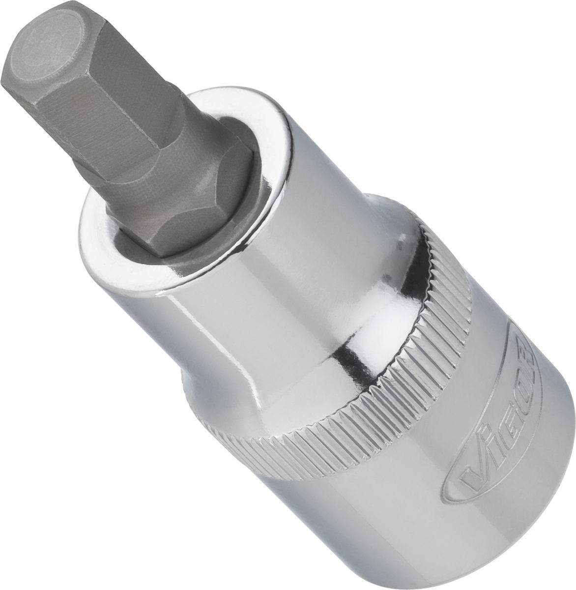 Hexagonal bit socket made of chrome-plated metal, showing a robust bit attachment for screw-related work.