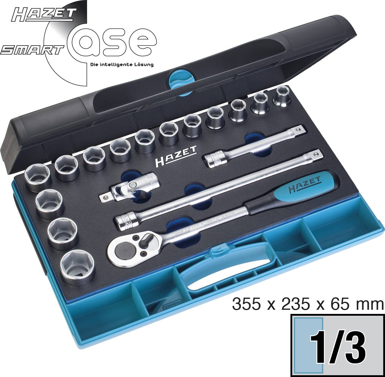 Hazet SmartCase set with various sockets, ratchets and extensions; compact in a blue case; dimensions 355 x 235 x 65 mm.