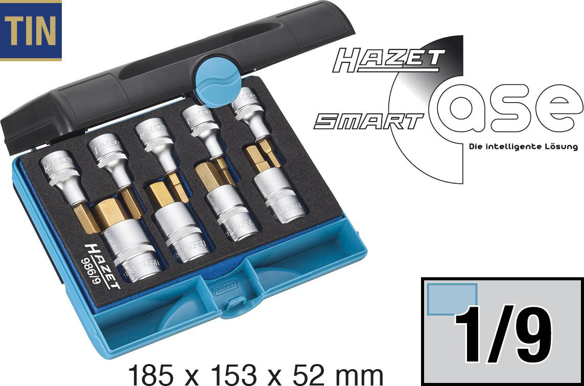 'HAZET Smart Case': Four socket inserts in a compact box. Dimensions: 185 x 153 x 52 mm. Gold-coloured details stand out.