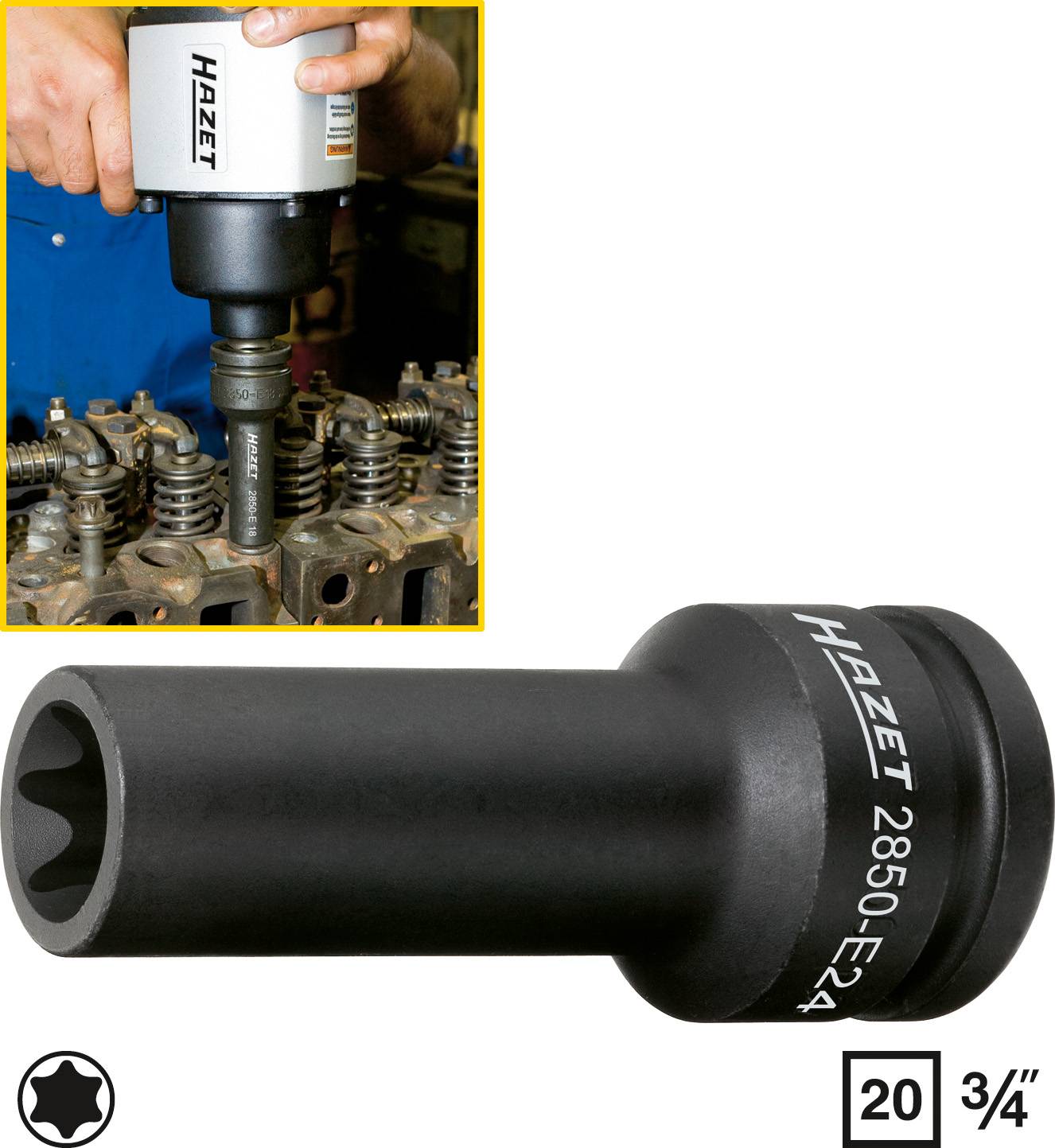 A hand is using a Hazet impact wrench on an engine. Below is a close-up of a Hazet socket with numerical marking.