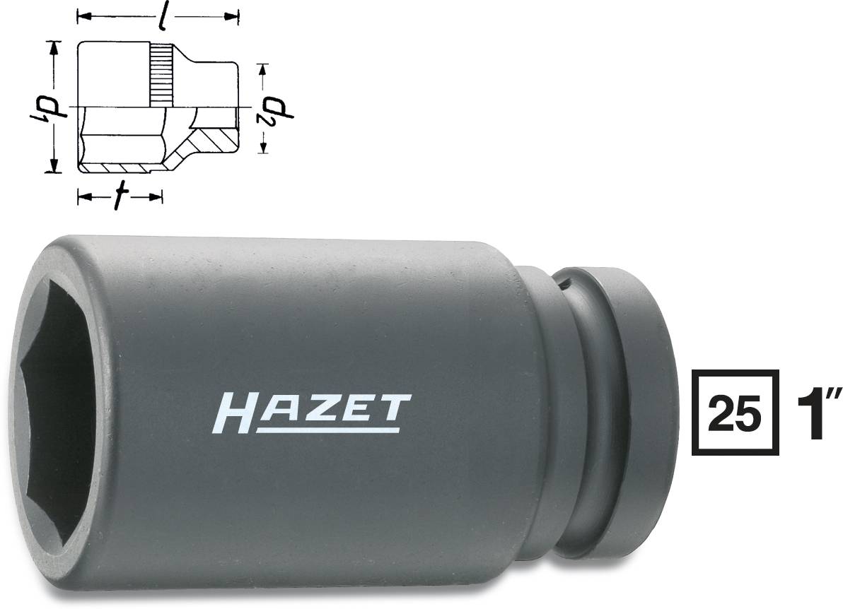 Hazet socket insert, 25 mm, 1-inch drive, with technical drawing in the top left corner and Hazet logo on the side.