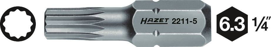 'HAZET 2211-5' Bit socket with 6.3 mm (1/4 inch) drive. Shows profile shape and size. Ideal for precise screwdriving work.