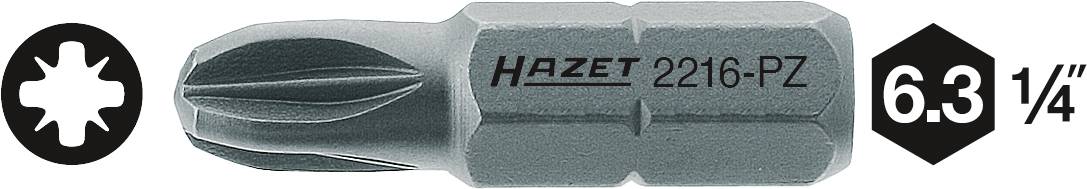 Screwdriver Bit HAZET 2216-PZ with PZ head and 6.3 mm (1/4 inch) drive, alongside symbols for shape and size.