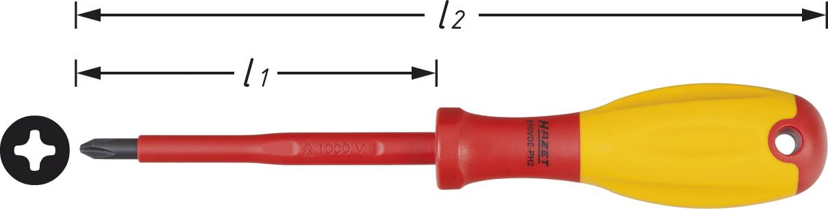 Phillips screwdriver with yellow and red handle, lengths l1 and l2 are specified.