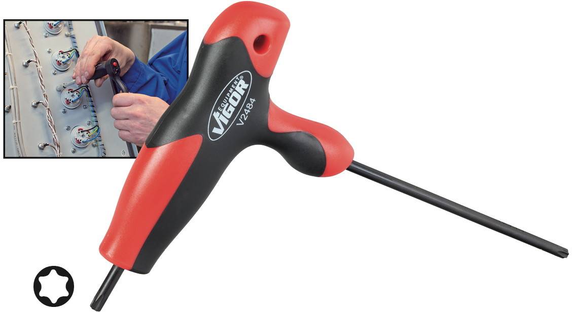 T-handle Torx screwdriver with red and black grip, Model VR-T8A, in an application scene on a control panel.