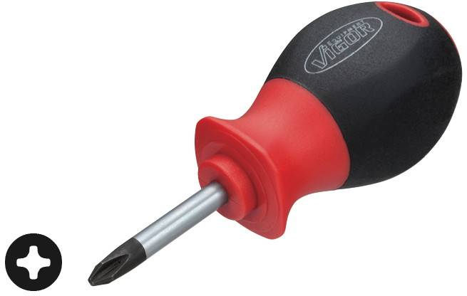 A crosshead screwdriver with an ergonomic, black and red handle, lies on a white surface.