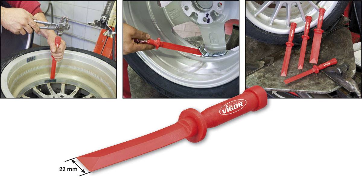 Three photographs demonstrate the use of a red VIGOR tyre mounting tool. It is used to mount tyres onto rims. Below, the tool is depicted with a length specification of 22 mm.