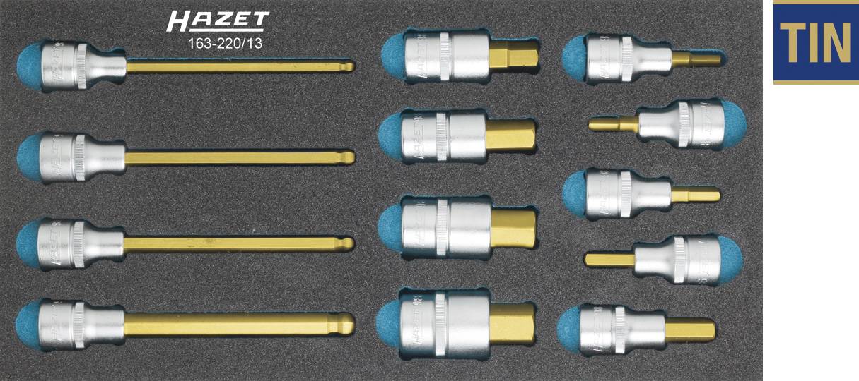 Foam insert with eleven gold-coloured TIN-Torx bits in various sizes, arranged in two rows. Marking: 'Hazet 163-220/13'.