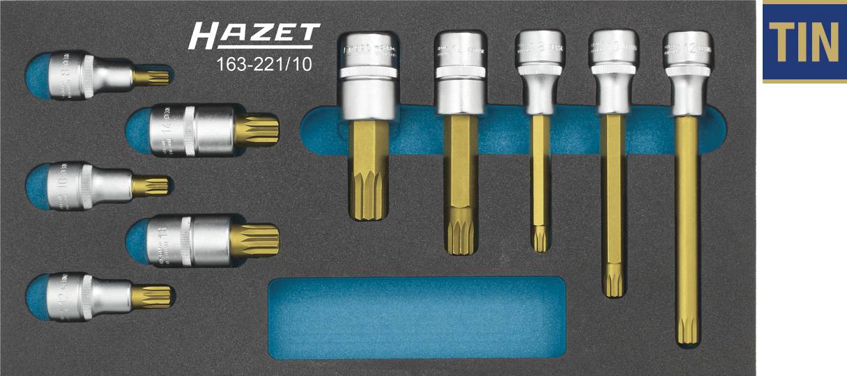 'HAZET socket set with Torx bits and extensions, article number 163-221/10, in a precision-fit holder, marked in red with 'TIN''