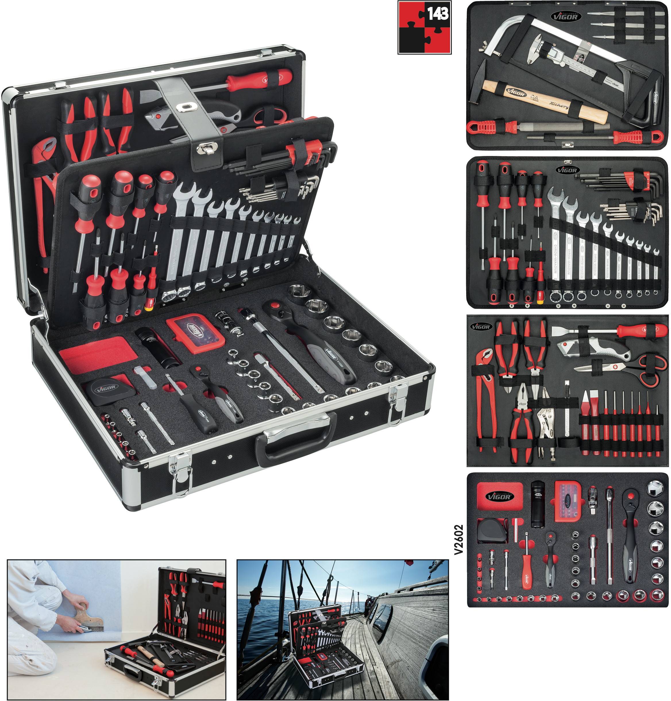 An open toolbox displays various hand tools such as screwdrivers, pliers, and spanners, neatly arranged in compartments.
