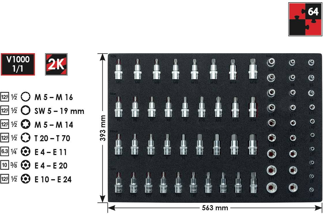 Socket set, 64-piece, arranged in various sizes and shapes on a black tray. Dimensions: 563 mm x 393 mm.
