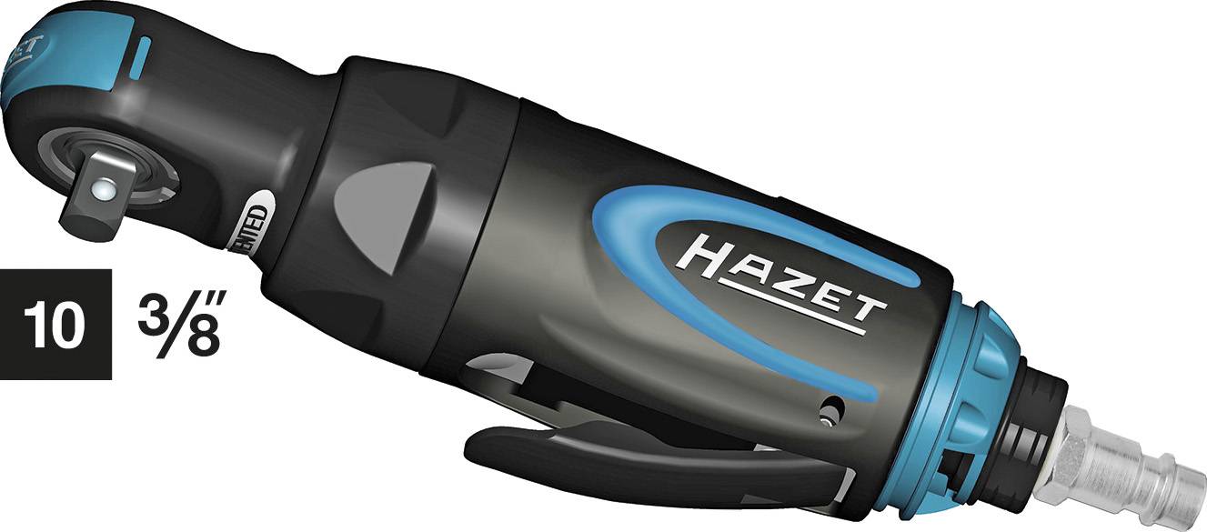 'HAZET' pneumatic ratchet in black and blue finish, 3/8 inch size. Suitable for precise and powerful screwing tasks.