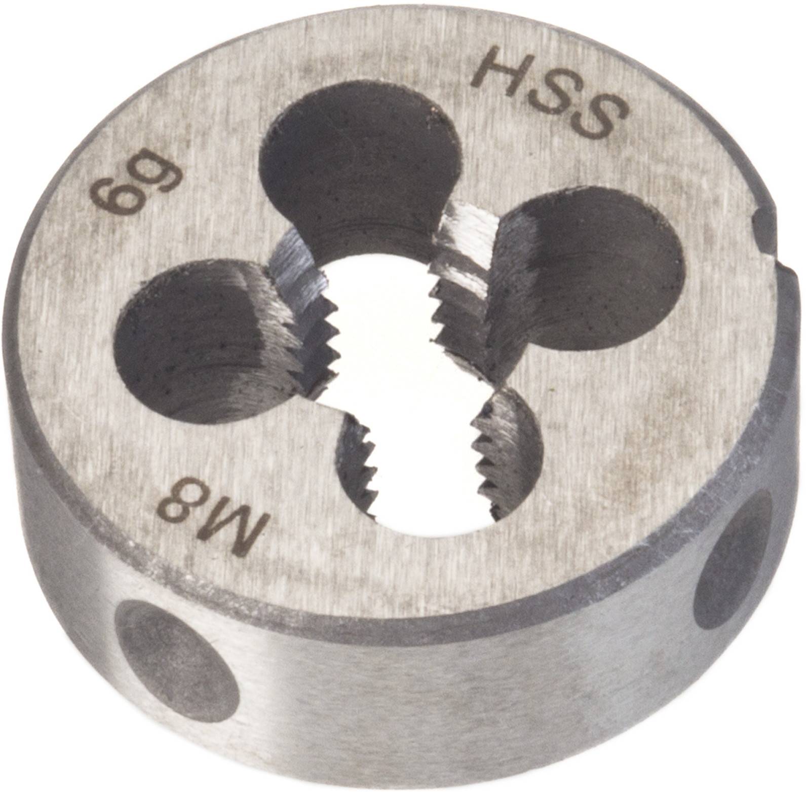 Metallschneideisen mit der Beschriftung 'HSS', 'M8', '6g', zum Gewindeschneiden von Bolzen oder Schrauben.