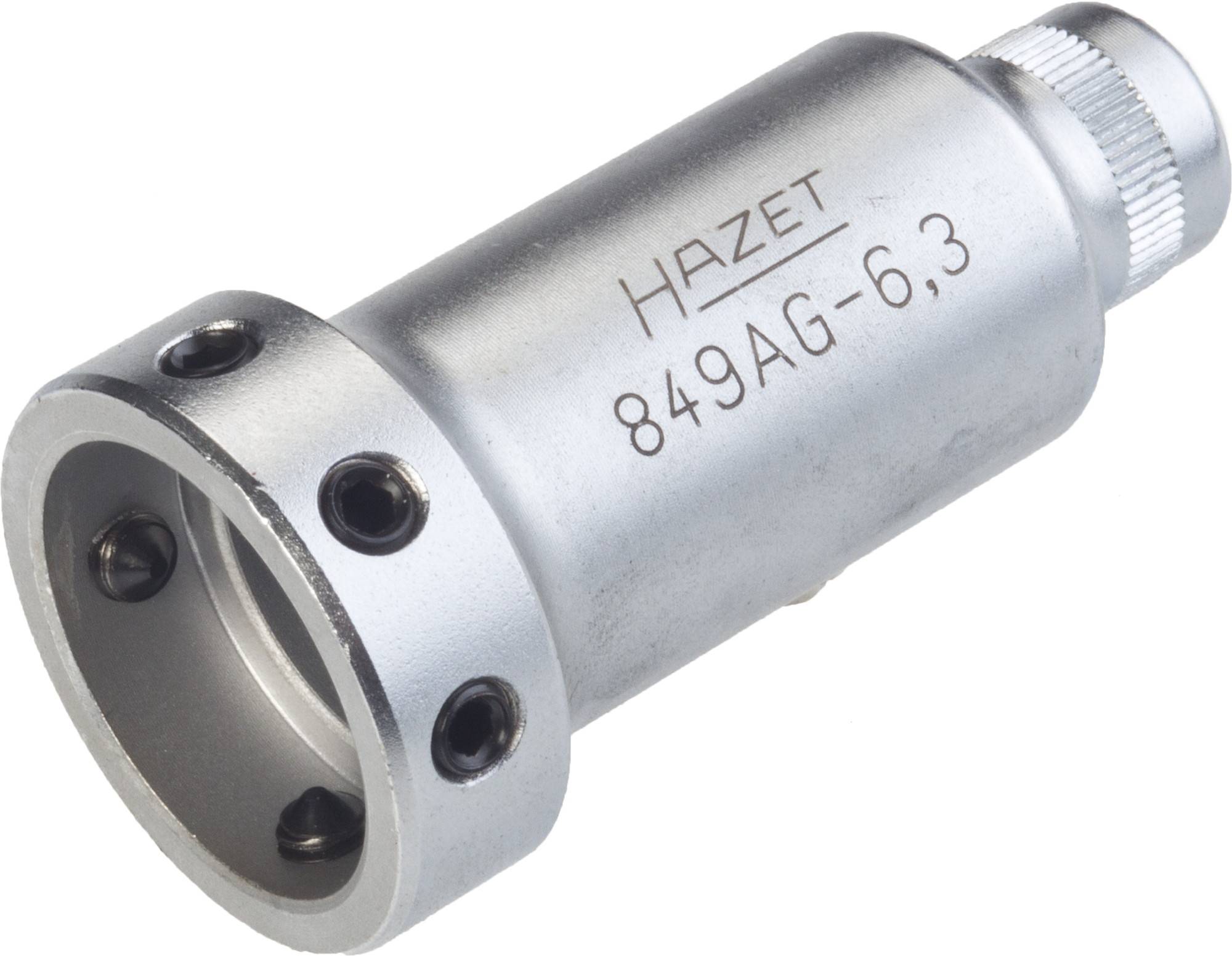A metallic tool with the inscription 'HAZET 849AG-6.3', with evenly distributed screw holes at one end.