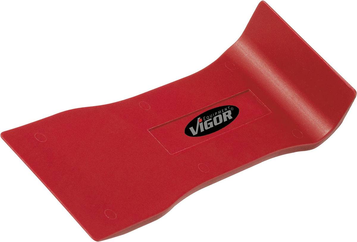 Red plastic tool with 'Vigor' printed on it, used for scraping or smoothing surfaces.