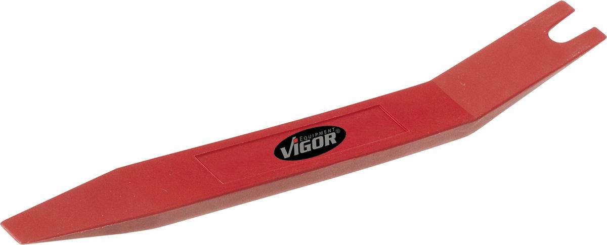 Red plastic tool with 'VIGOR' printed on it, used for removing trim or clips in vehicles.