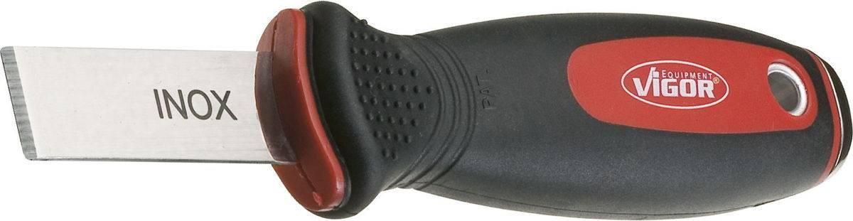 A black and red scraper with an ergonomic handle and 'INOX' on the blade.