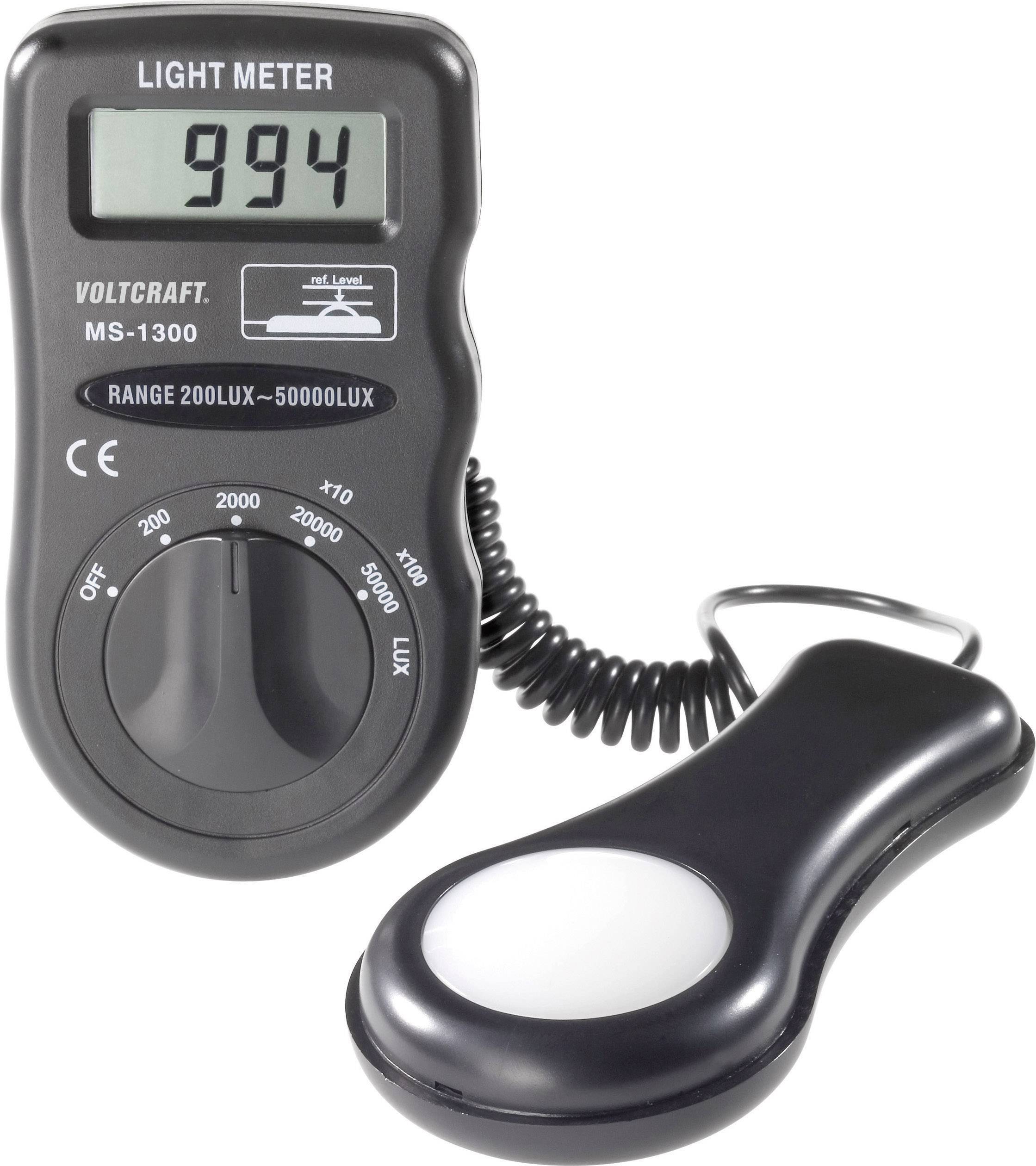 Luxmeter with display reading '994', rotary dial for range selection (200-50,000 lux), and measuring sensor with coiled cable.