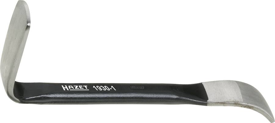 A black, curved metal lever with flat ends, marked with 'HAZET 1930-1', is used in the automotive industry or mechanics.