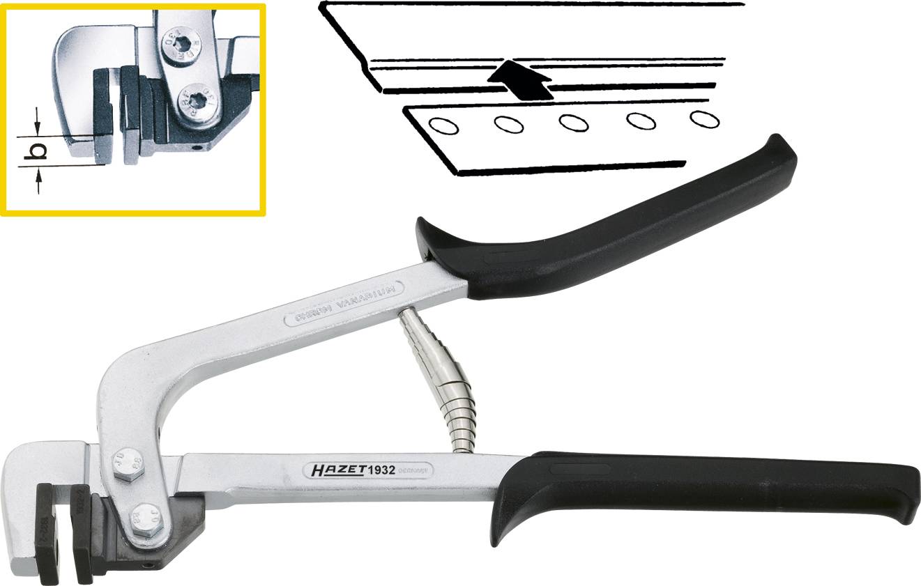 'Hazet edge forming tool', shows a pliers with a clamp for bending metal edges and a diagram of its application.