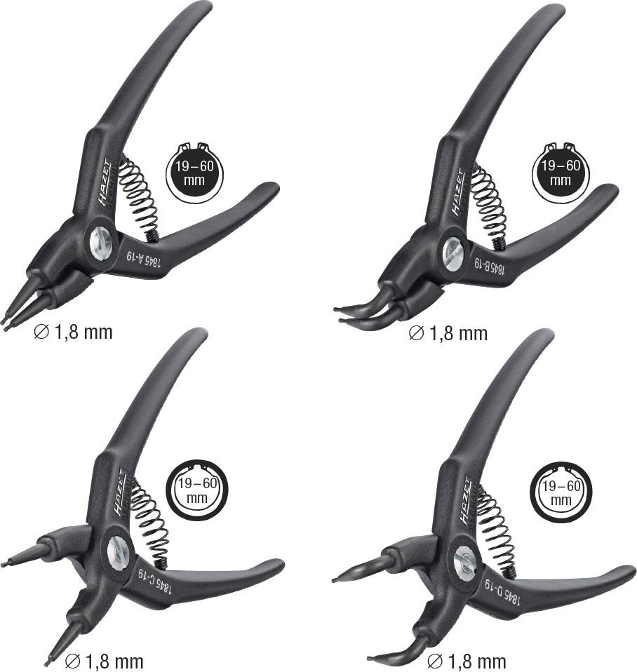 Four black circlip pliers with different tips: internal and external rings, straight and curved. Span range 19-60 mm, diameter 1.8 mm.