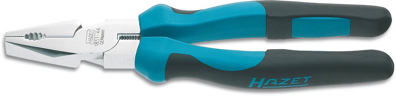 A pair of pliers with a blue-black handle and a metal head inscribed with 'Hazet', used for gripping and holding objects.