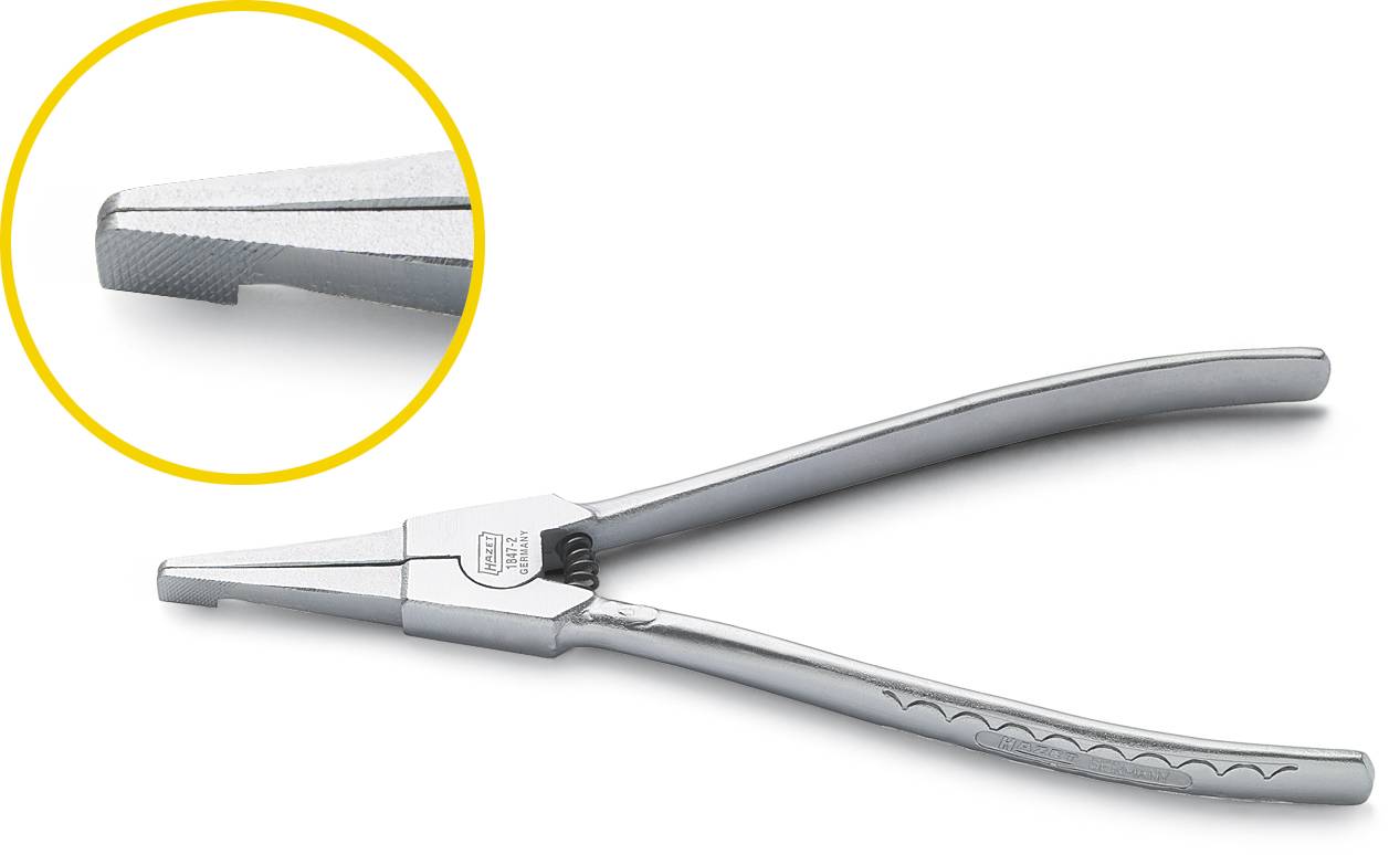 Silver flat-nosed pliers with a close-up showing the serrated tip, suitable for precisely gripping small objects.