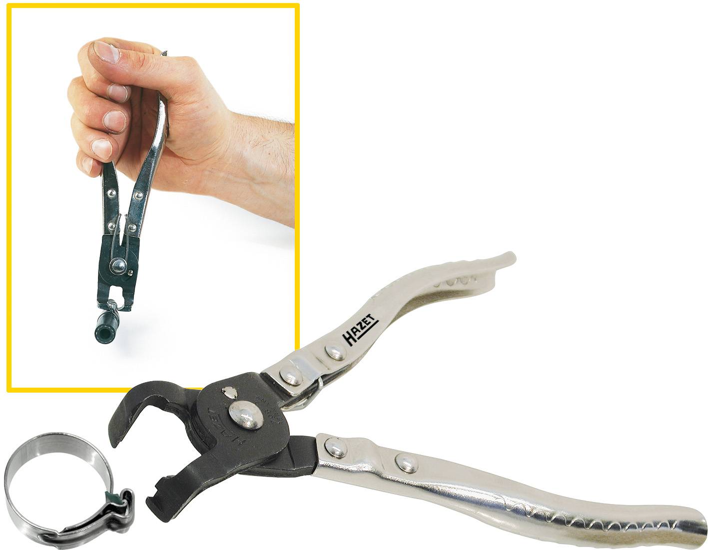 A hand is holding a spring band clip pliers to open a spring band clip. A tool for removing and attaching clips to hoses.