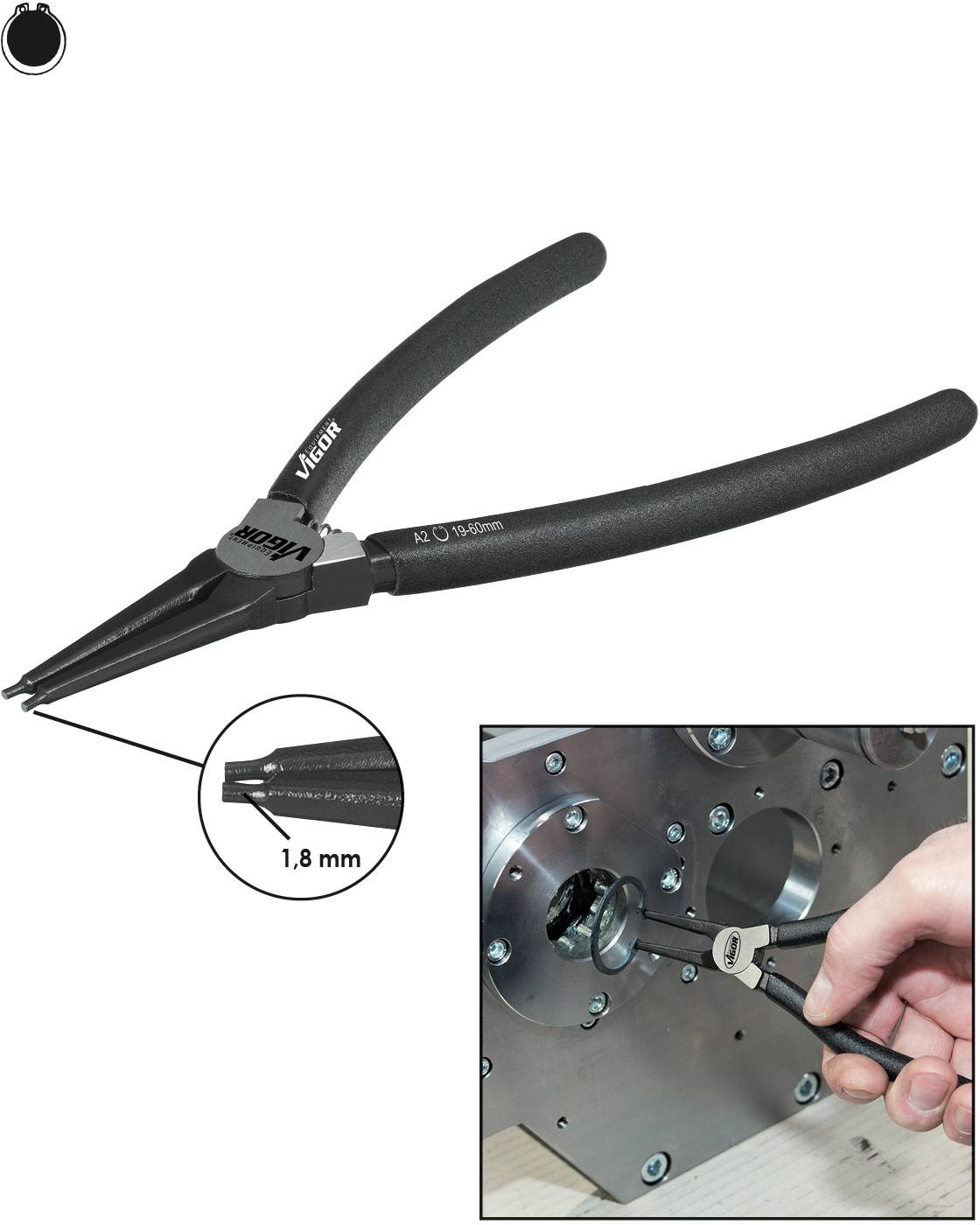 Vigor V1717 Circlip pliers Suitable for Outer rings 19-60 mm Tip shape (details) Straight