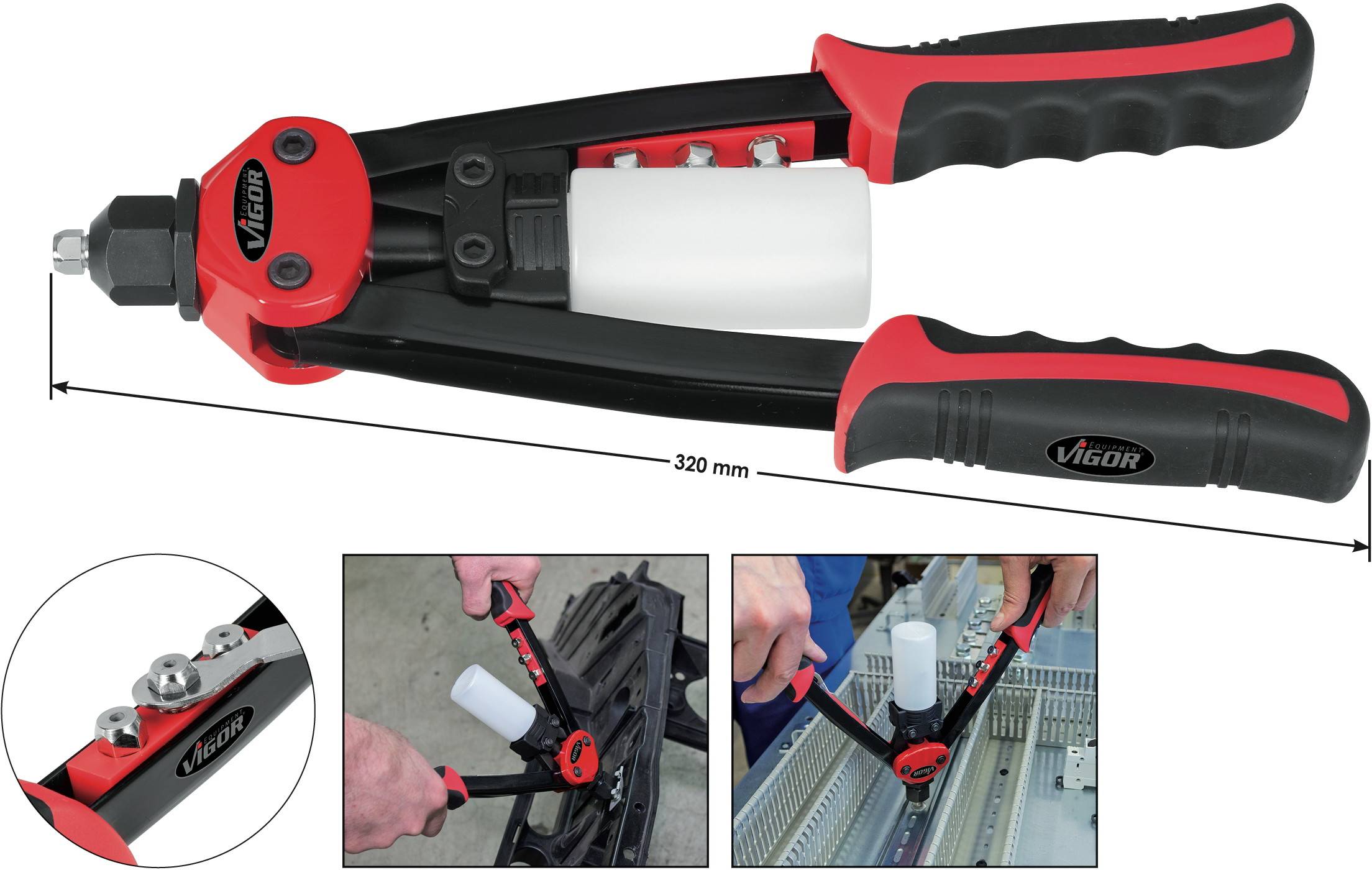 Hand riveter with three photos: top, the tool in detail, left rivet attachments, right two applications on metal objects.