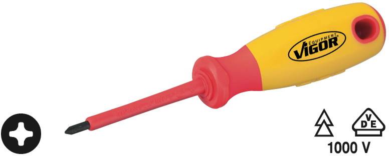 A yellow-red screwdriver with insulation up to 1000 V, Phillips head. 'Vigor' brand logo, symbols for safety and voltage protection.