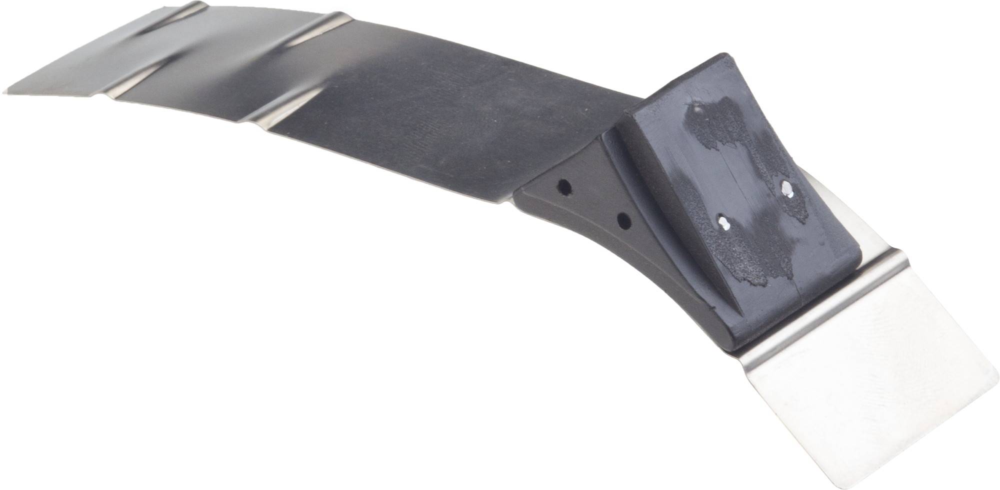A palette knife with multiple curved steel layers and a plastic handle, used for removing material layers or spreading.