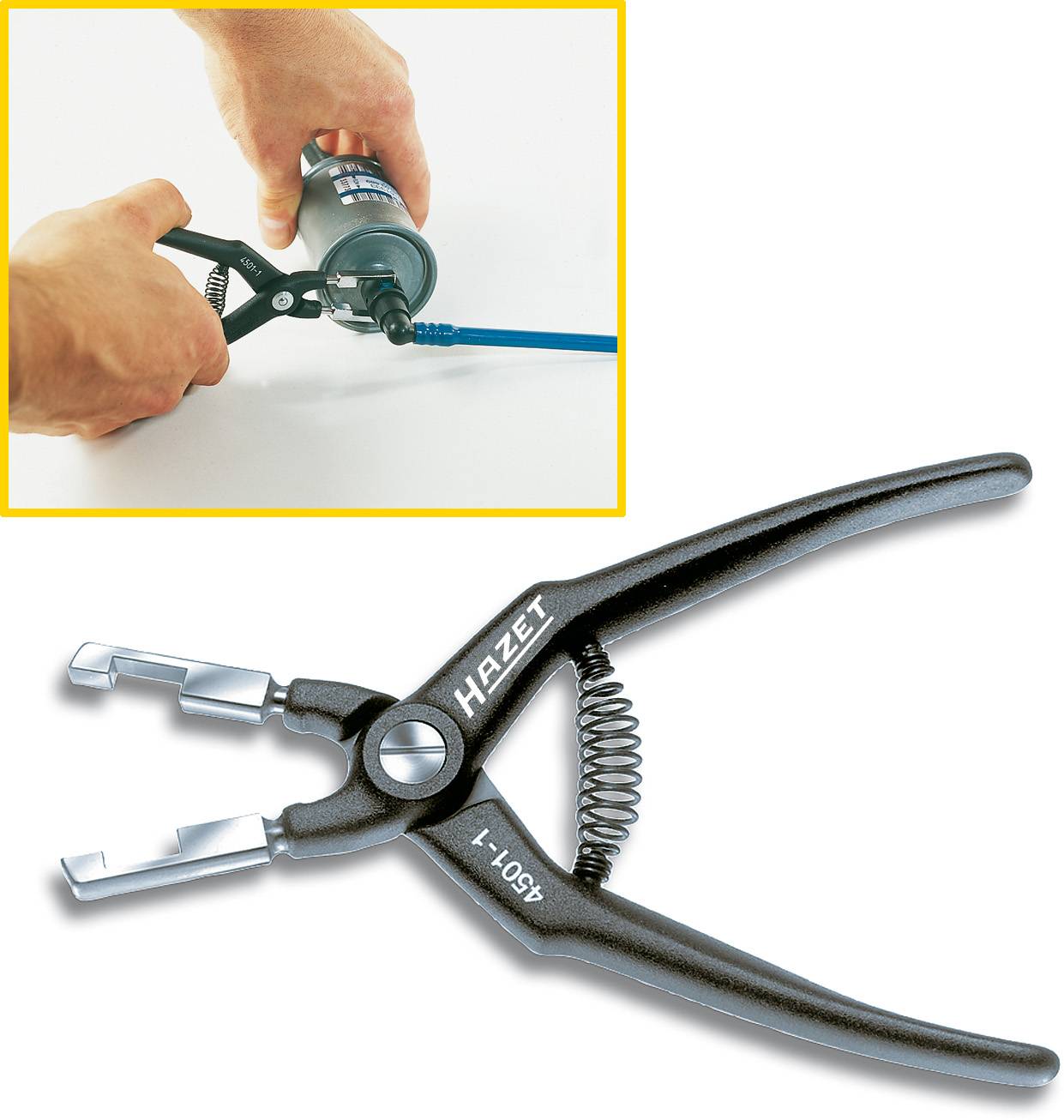 A HAZET pliers grips a blue cable tie. A device for automobile repair is shown in the background.