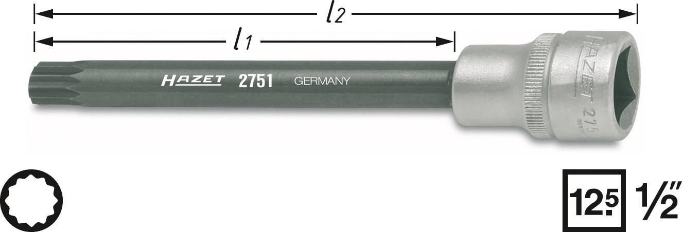 Socket extension with long shaft, brand Hazet, model 2751. Dimensions: l1 and l2. Made in Germany. Profile and size 12.5